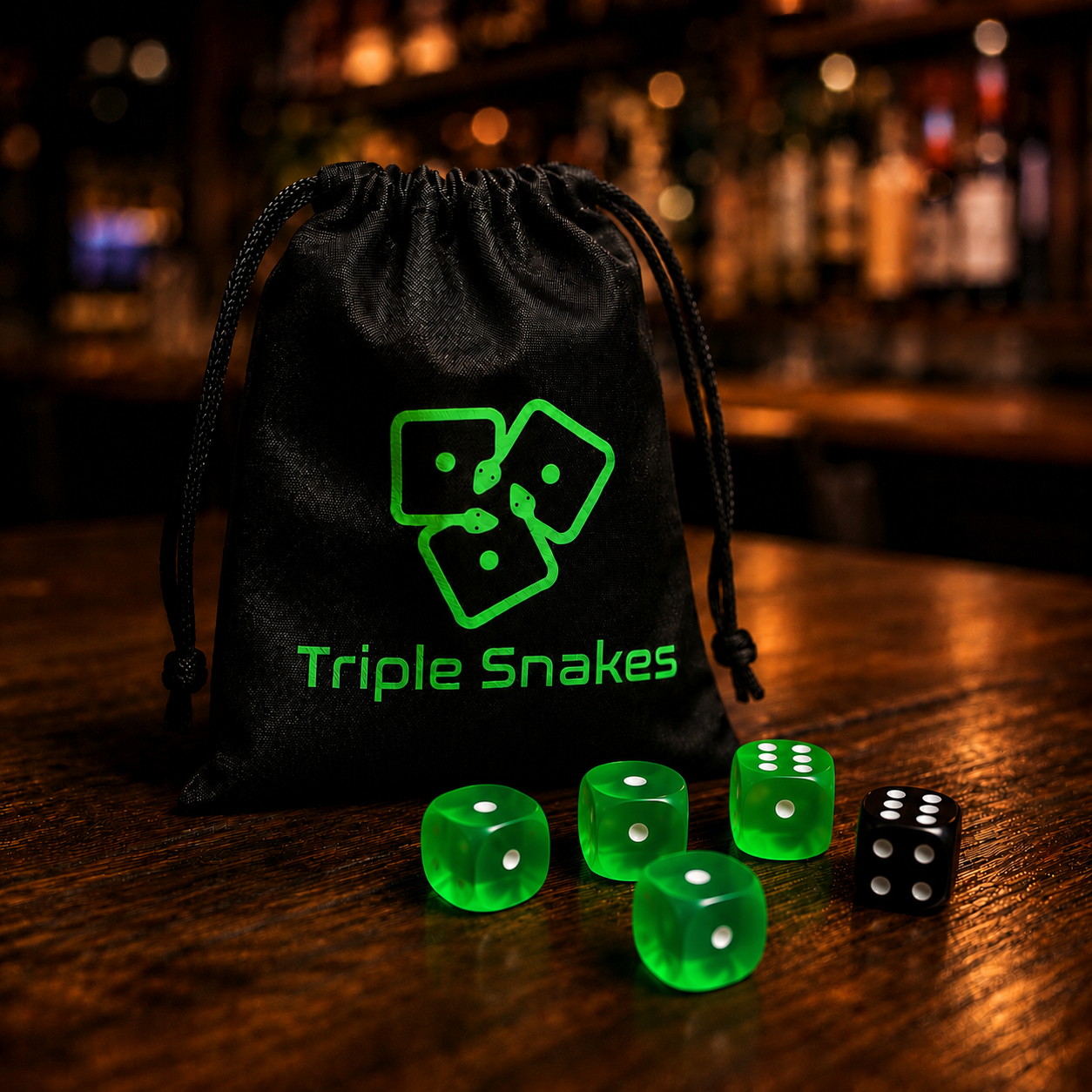 Triple Snakes game set — drawstring bag with five dice